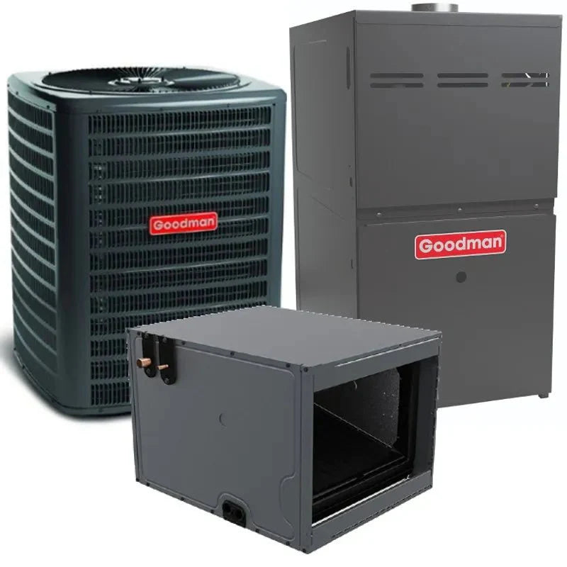 Goodman 1.5 Ton 14.5 SEER 80% 80,000 BTU Gas Furnace and Air Conditioner System Upflow GM9C800803BN CHPTA1822B4 GSXN401810 - AC units for less