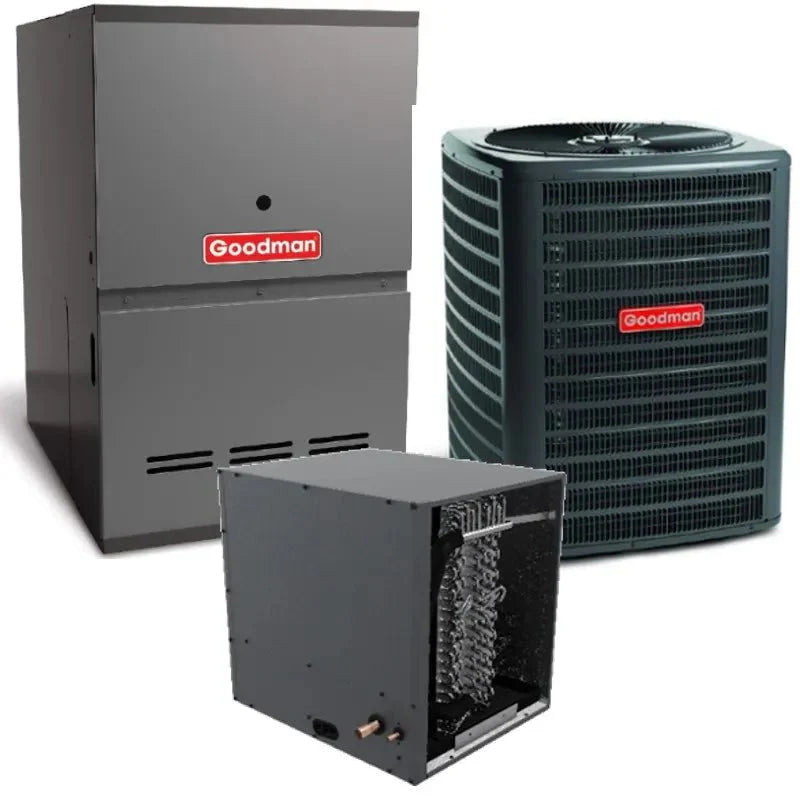 Goodman 1.5 Ton 14.5 SEER 80% 80,000 BTU Gas Furnace and Air Conditioner System Upflow GM9S800803BN CAPTA1818B4 GSXN401810 - AC units for less